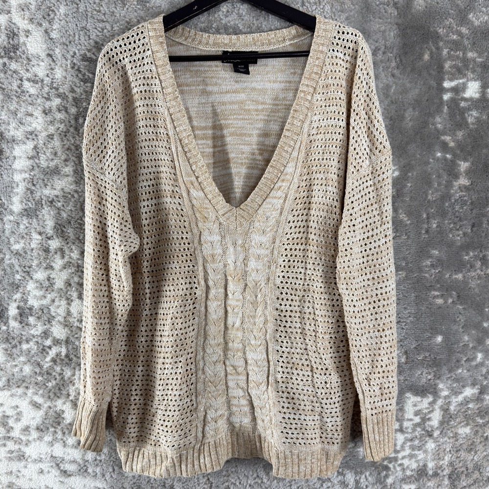 Lane Bryant Plus Size 18/20 Cable‎ Knit Crochet V-Neck Sweater Tan Long Sleeve